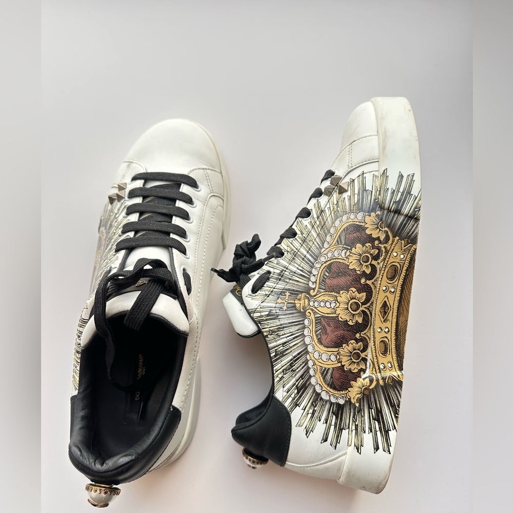 DOLCE & GABBANA DG Pearl Logo Crown Print Limited Portofino Sneaker  US8/EU41
